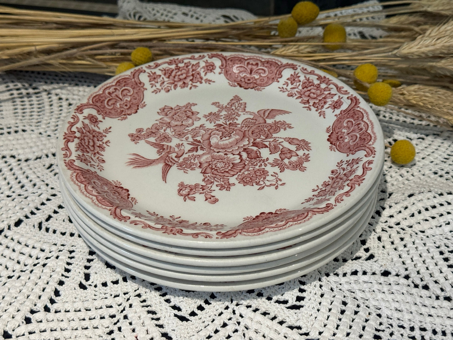 Vintage WINDSOR Steelite Ironstone Pink Transferware Floral Plates
