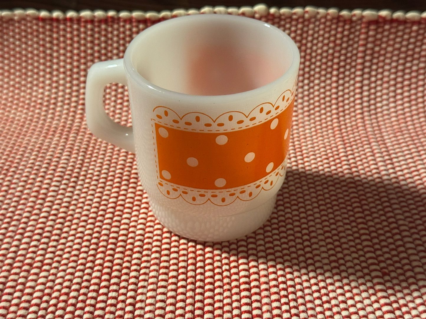 Anchor Hocking Fire-King Orange Polka Dot Lace Milk Glass Mug