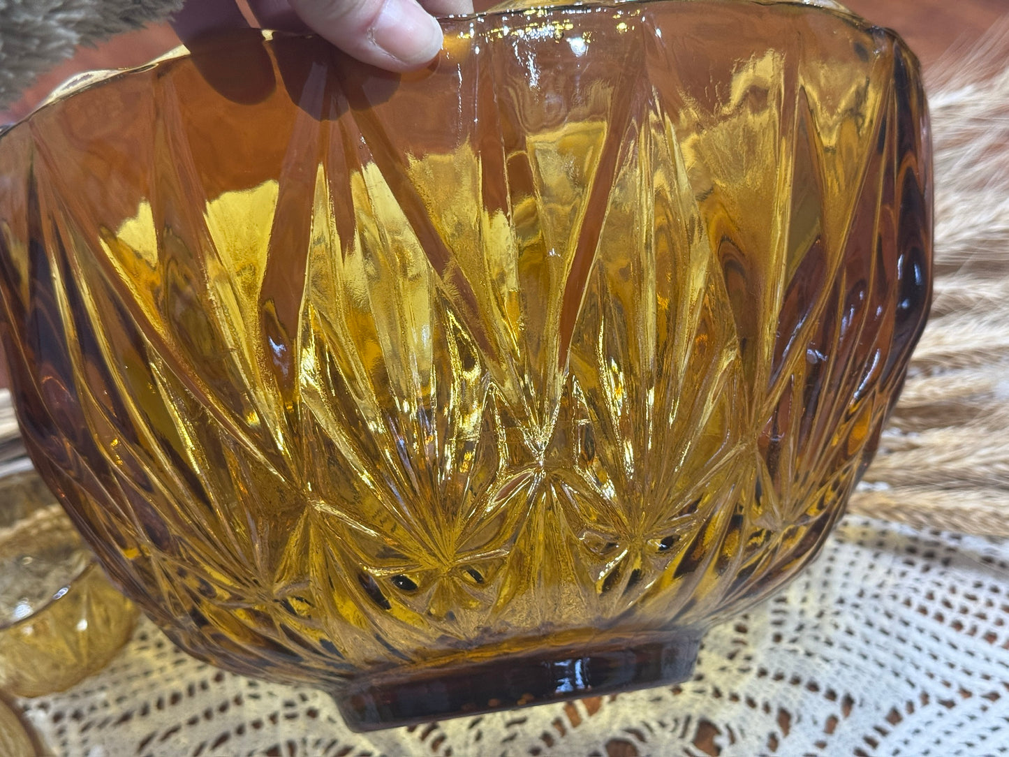 Hazel Atlas Amber Glass Williamsport Punch Bowl Set