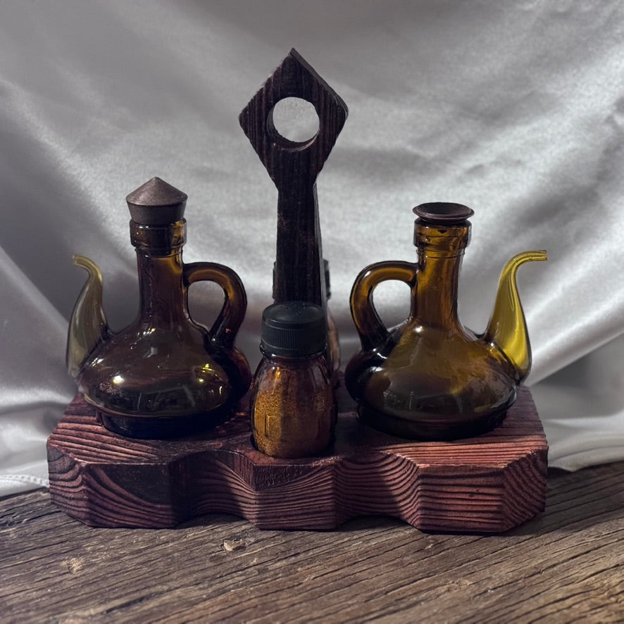 Amber Glass Cruet Set with Wood Base