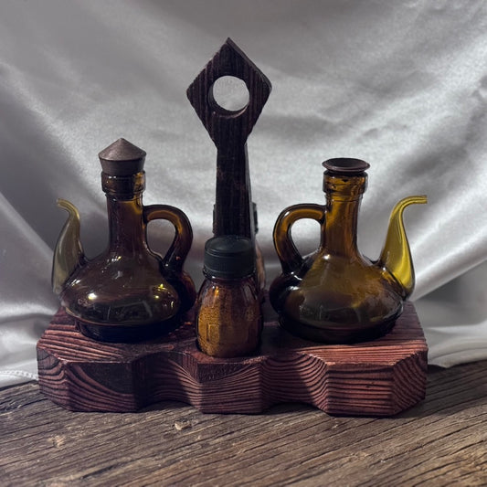 Amber Glass Cruet Set with Wood Base
