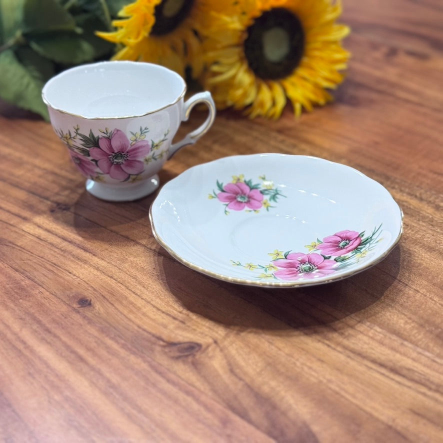 Royal Osborne Pink Anemone Floral Teacup & Saucer Set