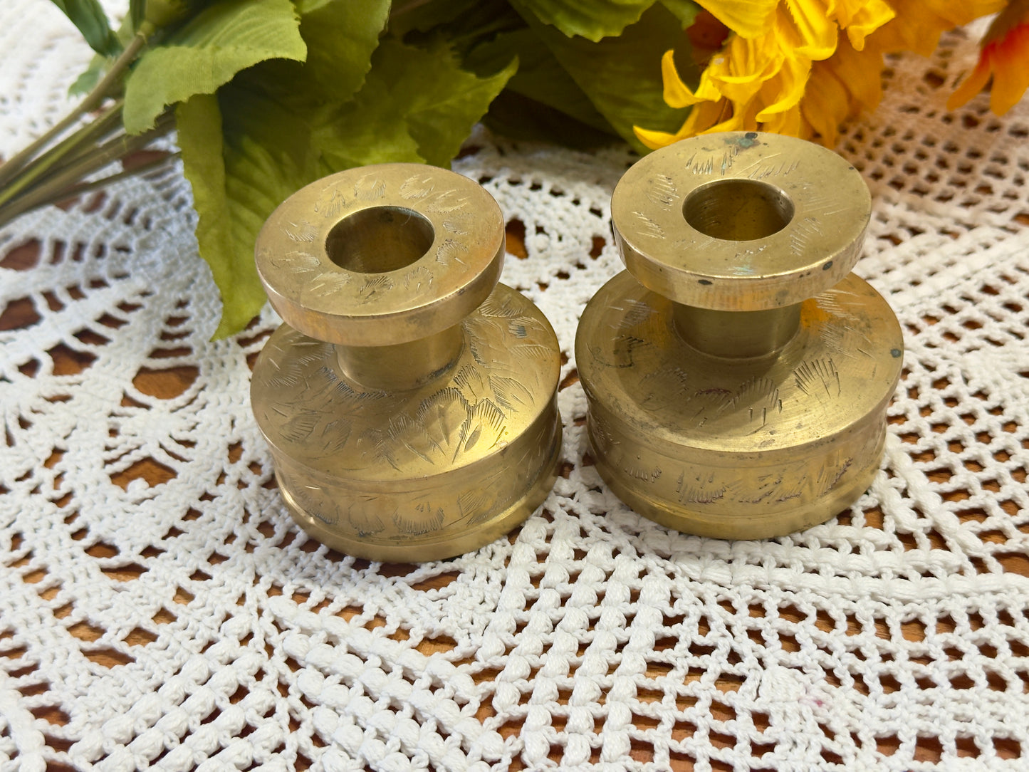 Etched Brass India Candlestick Holders