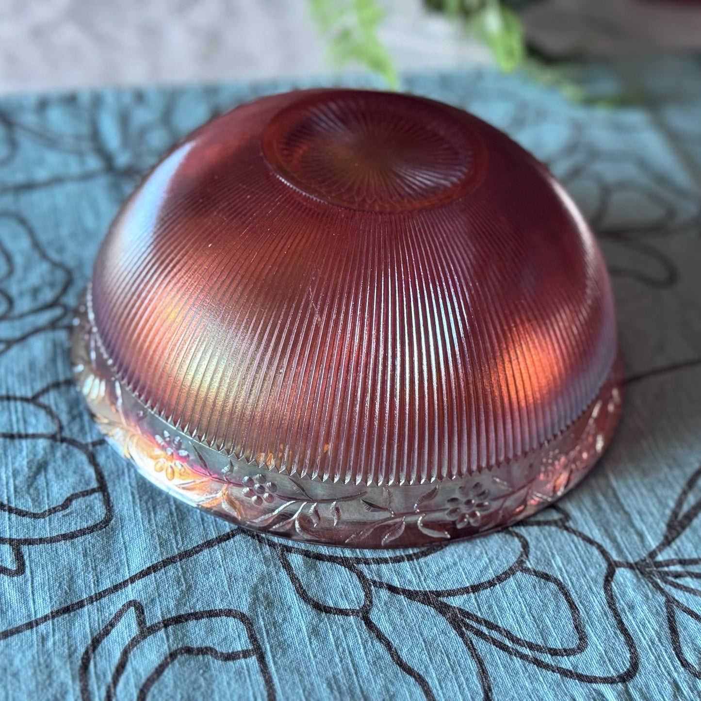 Carnival Glass Marigold/Orange Floral and Ribbed Bowl