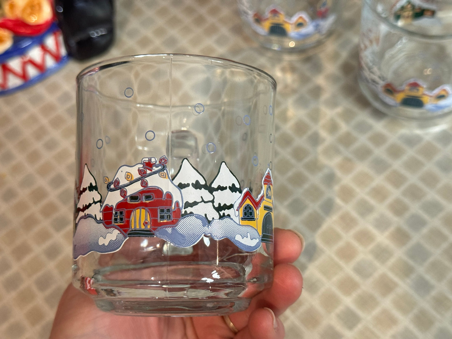 Kig Indonesia "Winter Village" Glass Handled Drinking Mugs