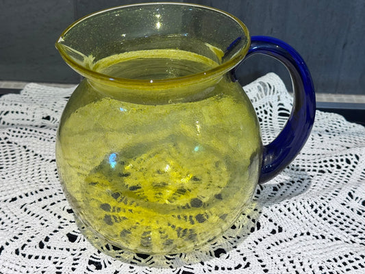 Large Art Glass Yellow & Blue Pitcher