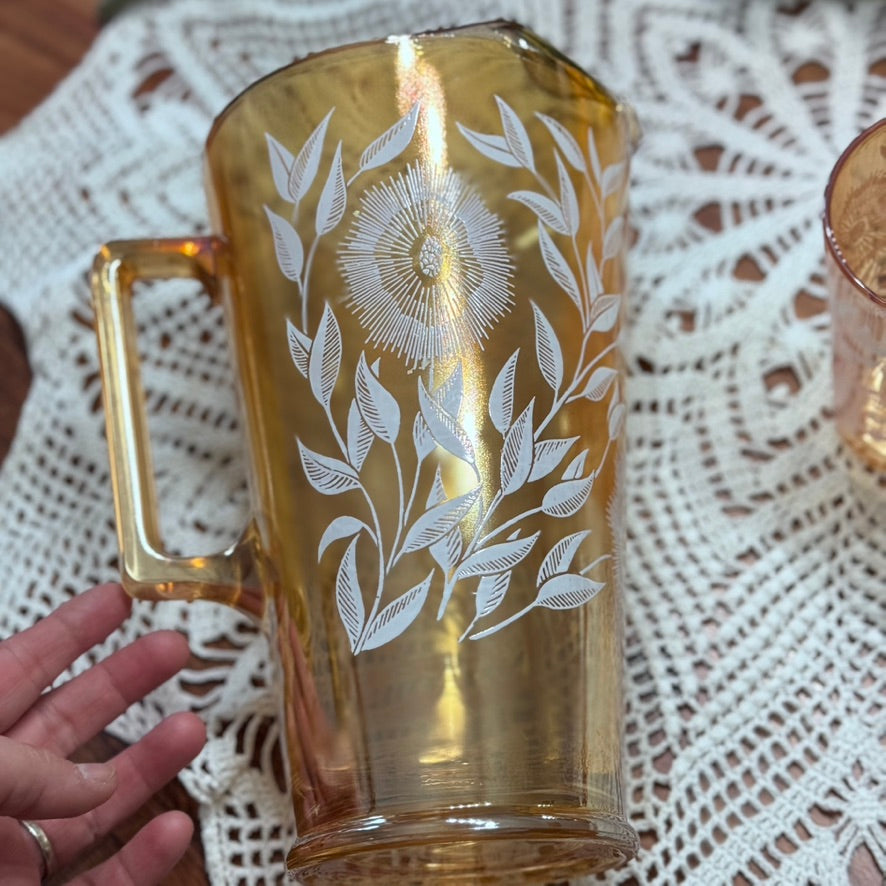 Jeannette Marigold Carnival Glass Pitcher & Glasses