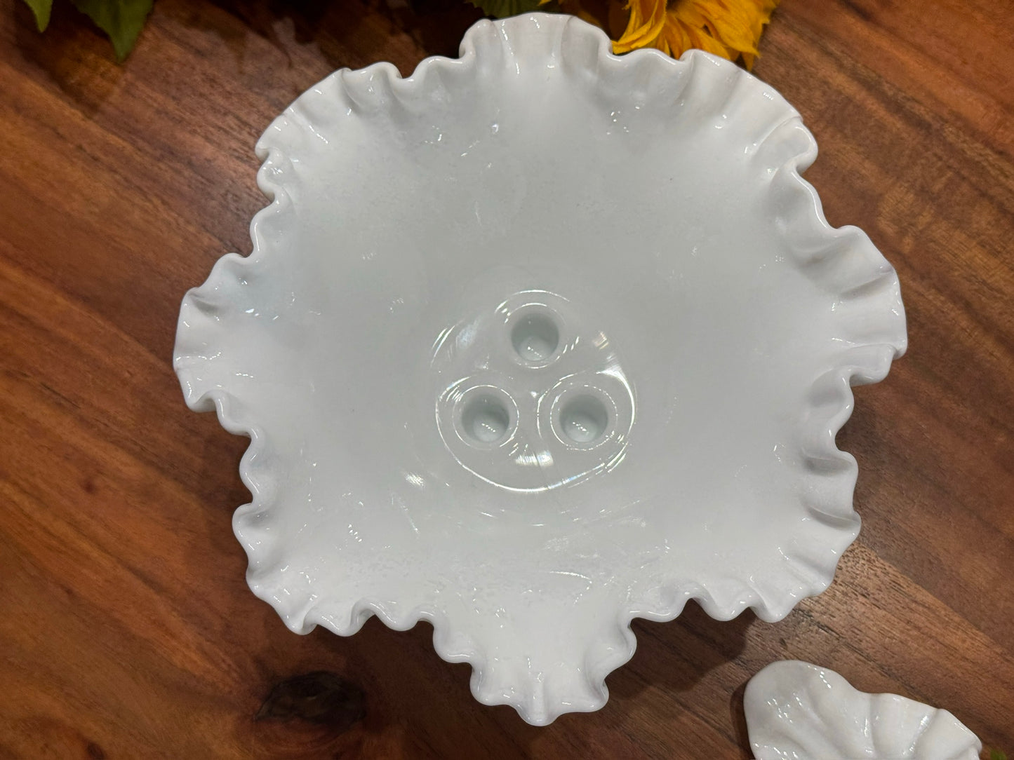 Fenton Hobnail Milk Glass Epergne Ruffled Bowl with Three Horns