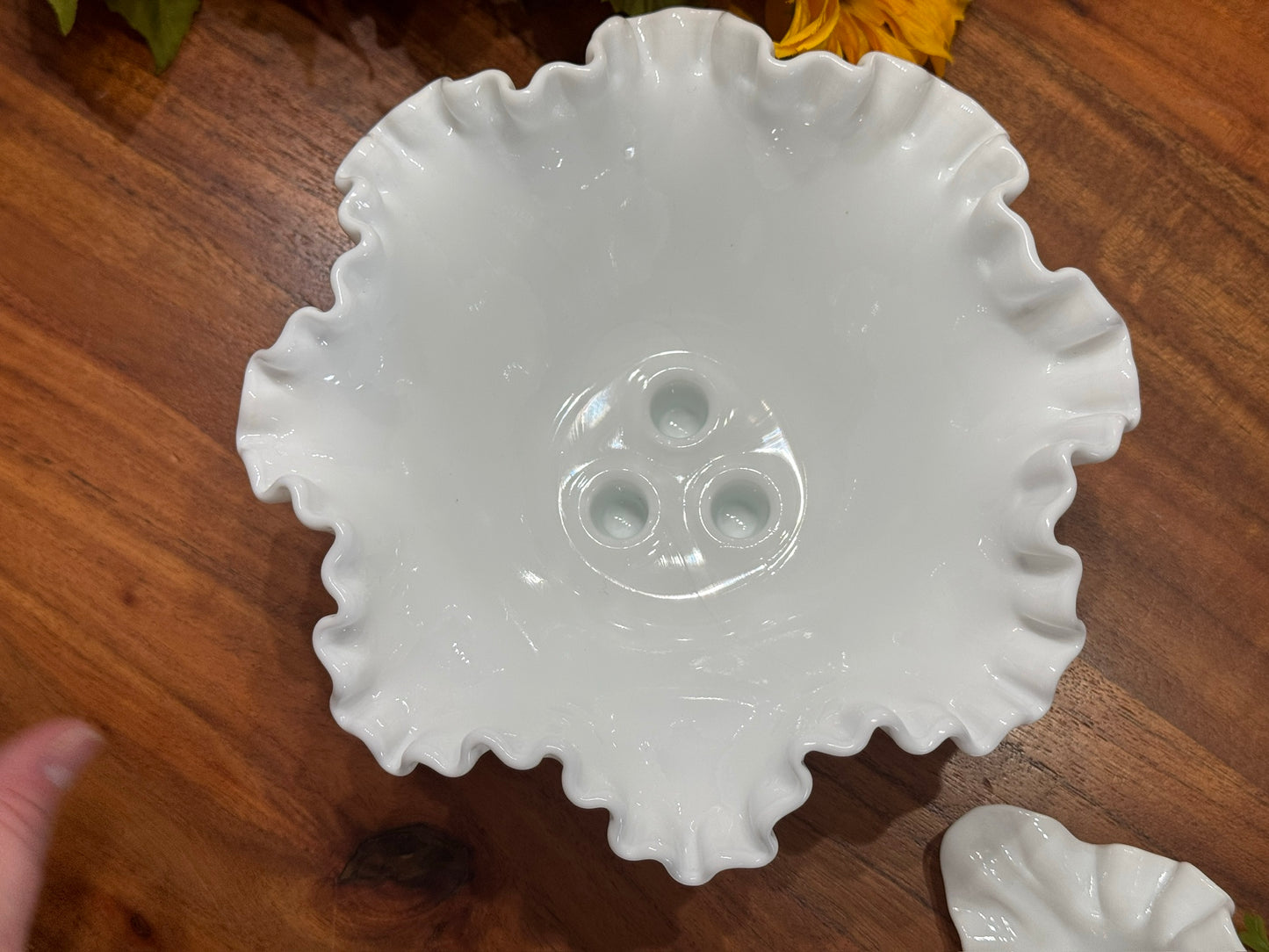 Fenton Hobnail Milk Glass Epergne Ruffled Bowl with Three Horns