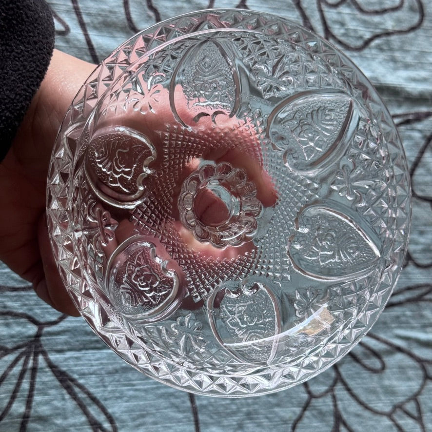 Small FNG Indonesia Glass Etched Fleur De Lis Hearts & Roses Dish