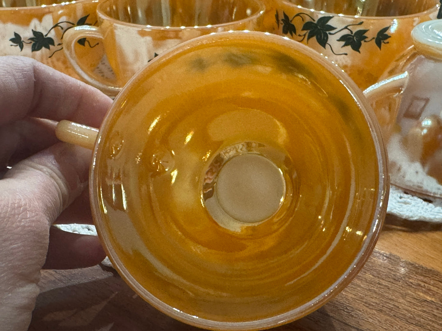 Anchor Hocking Fire-King Peach Luster 'Green Ivy' Punch Bowl Set