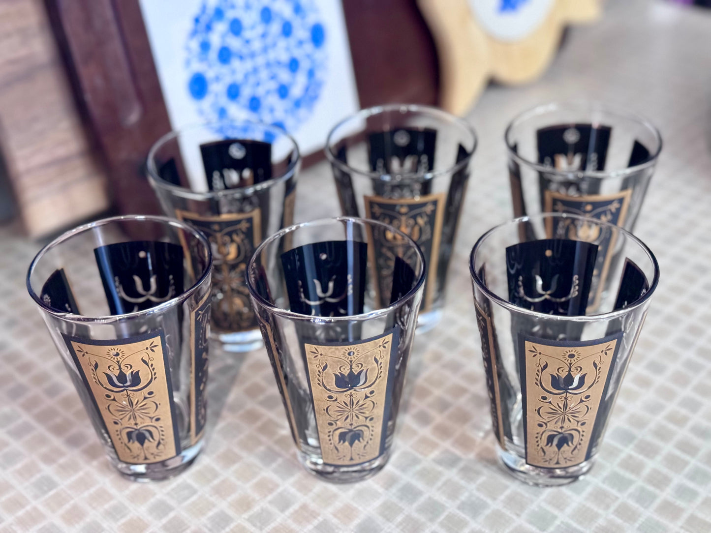 Dominion Glass Black & Gold Tulip Design Drinking Glasses (Set of 6)