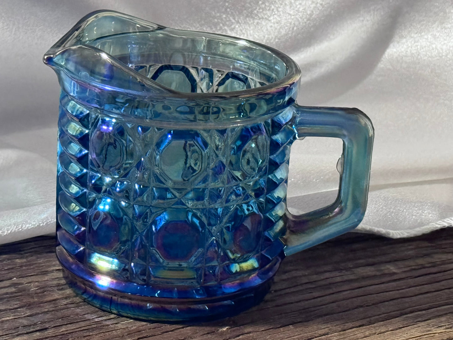 Blue Iridescent Carnival Glass Creamer