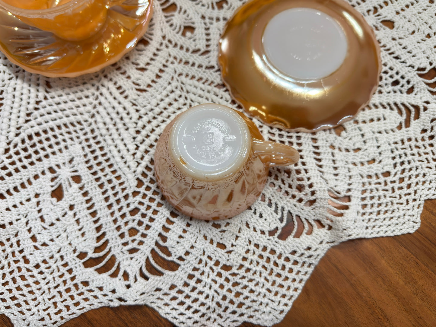 Anchor Hocking Fire King Peach Luster Swirl Demitasse Cup & Saucer