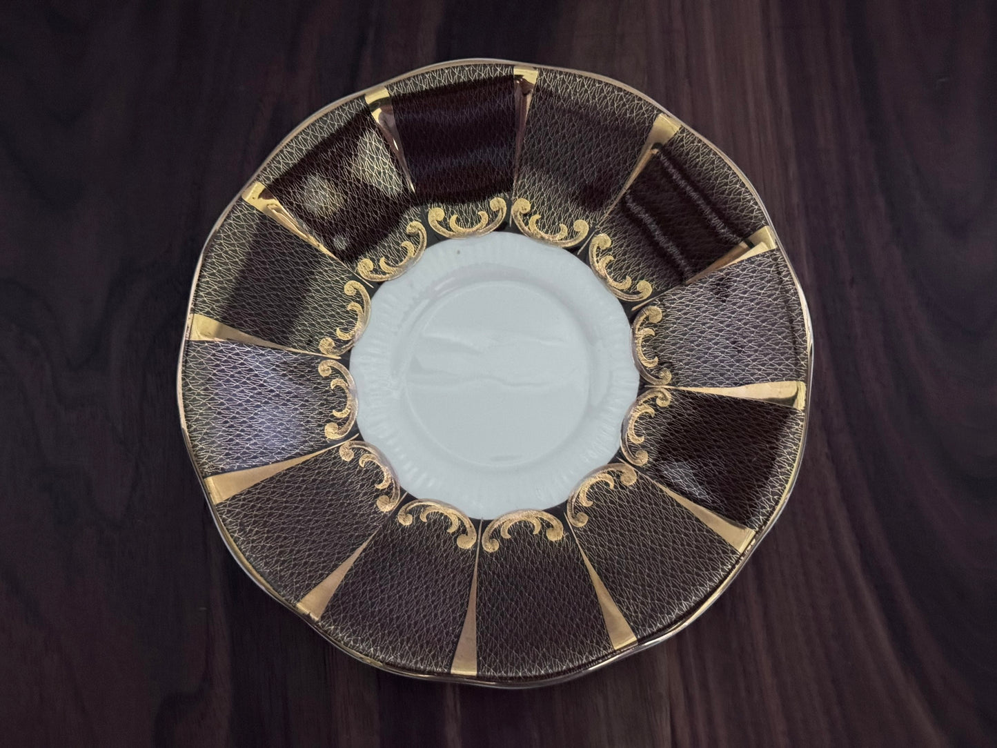 Queen Anne Teacup and Saucer (Brown/White/Gold)