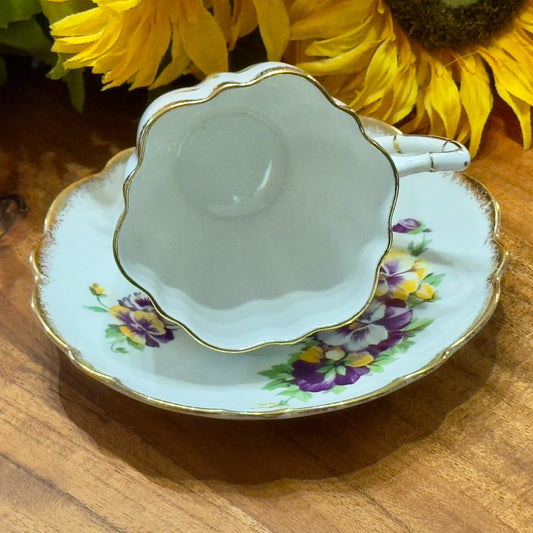 Victoria C & E Bone China Purple Pansy Teacup & Saucer Set