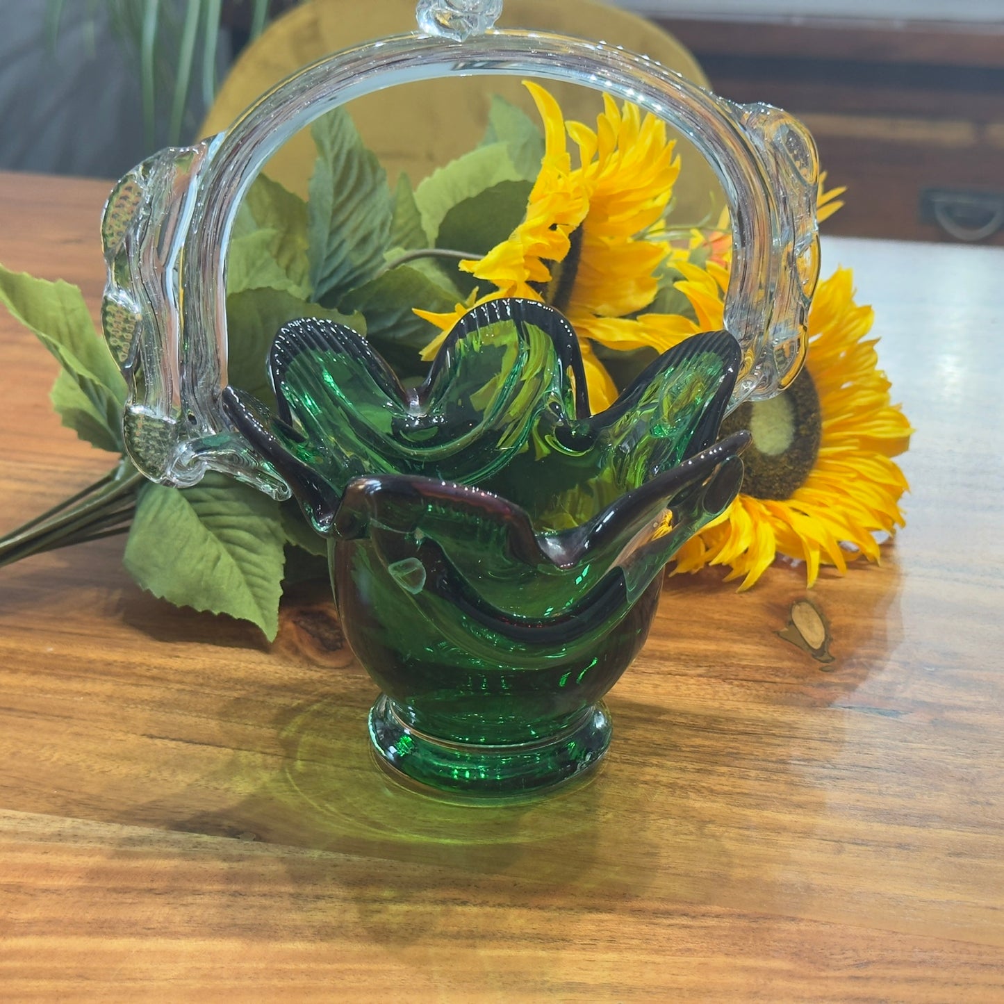 Murano Green Glass Basket Vase