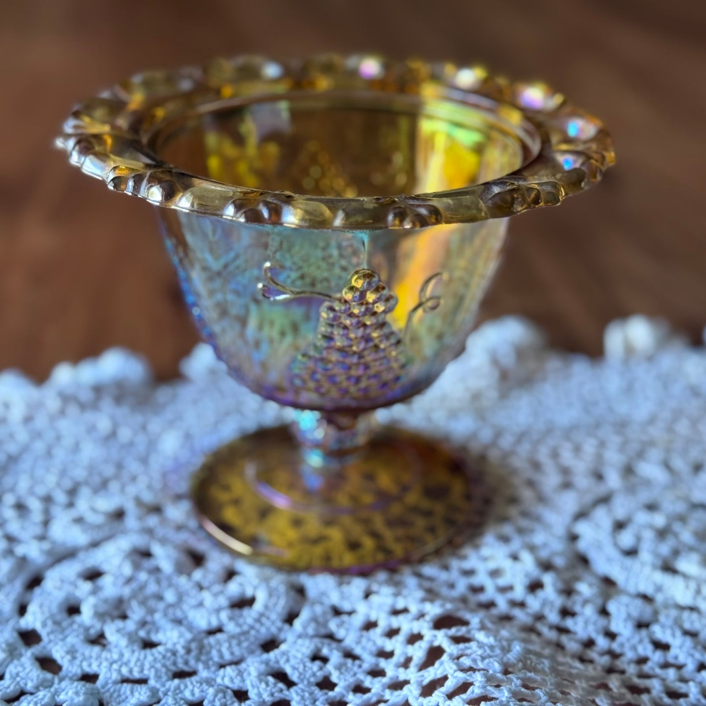 Indiana Glass Marigold Iridescent Harvest Grape Lace Edge Candy Dish/Compote