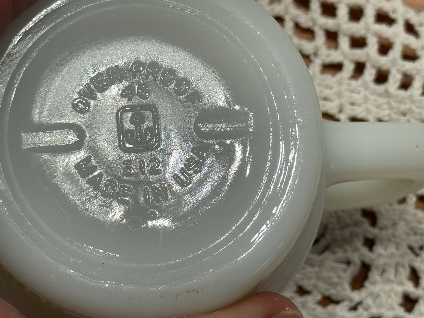 Anchor Hocking Fire-King Stackable Atomic Cloud/Flower Milk Glass Mugs