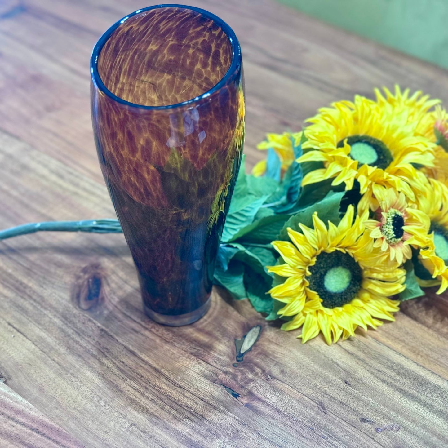 Leopard Print Brown/Amber Blown Art Glass Vase