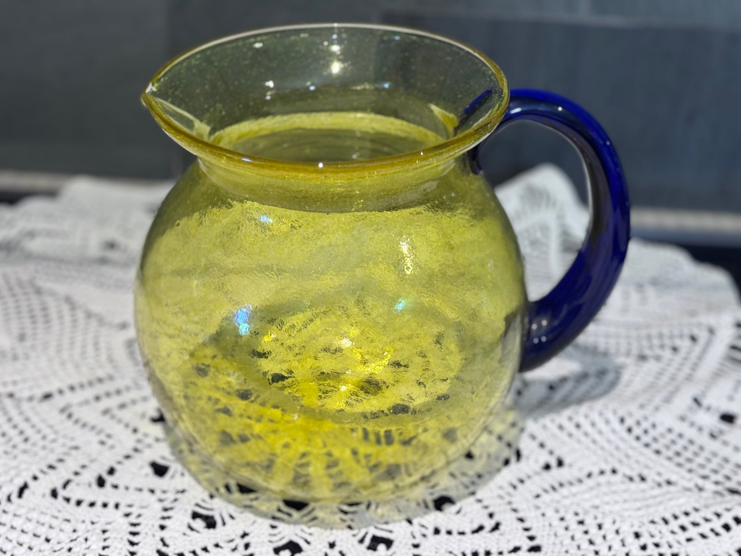 Large Art Glass Yellow & Blue Pitcher