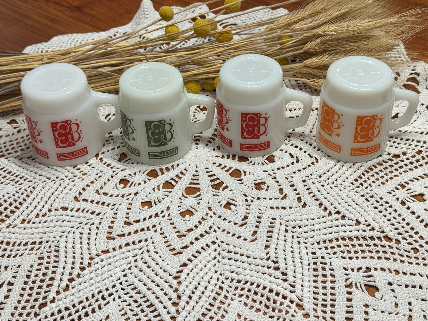 Anchor Hocking Fire-King Stackable Atomic Cloud/Flower Milk Glass Mugs