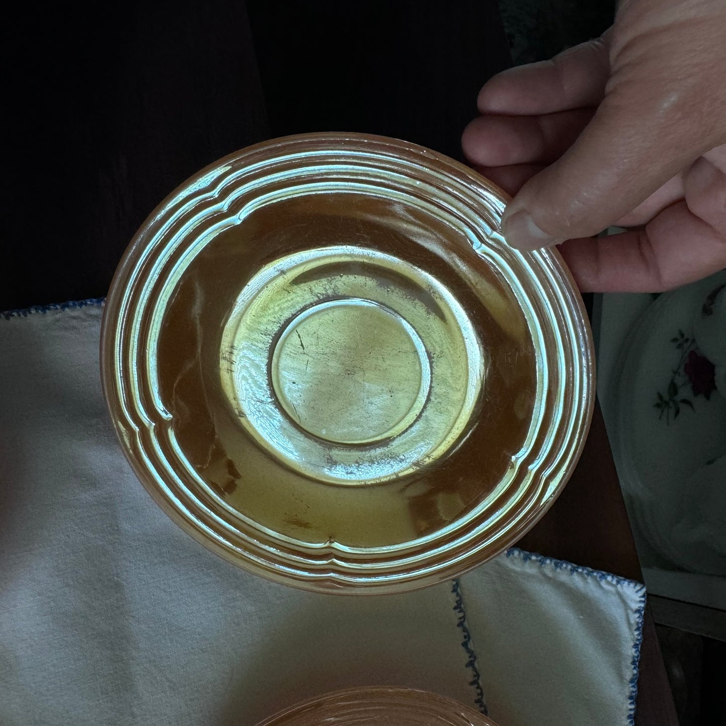 Fire King Peach Lustreware Teacups and Saucers