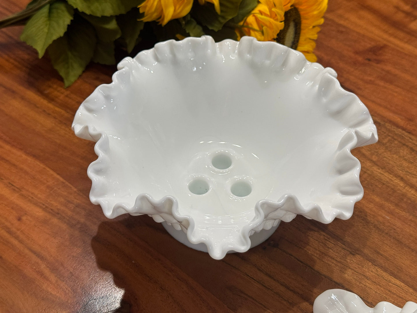 Fenton Hobnail Milk Glass Epergne Ruffled Bowl with Three Horns