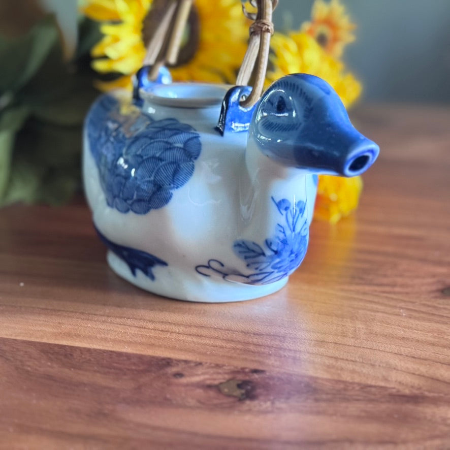 Hand Painted Blue/White Duck Teapot with Bamboo Handle