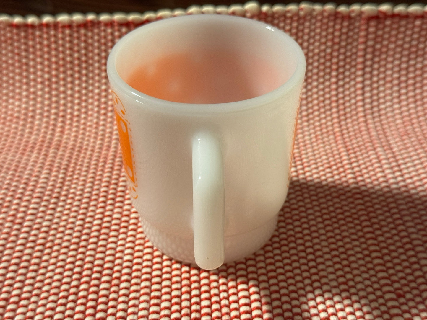 Anchor Hocking Fire-King Orange Polka Dot Lace Milk Glass Mug