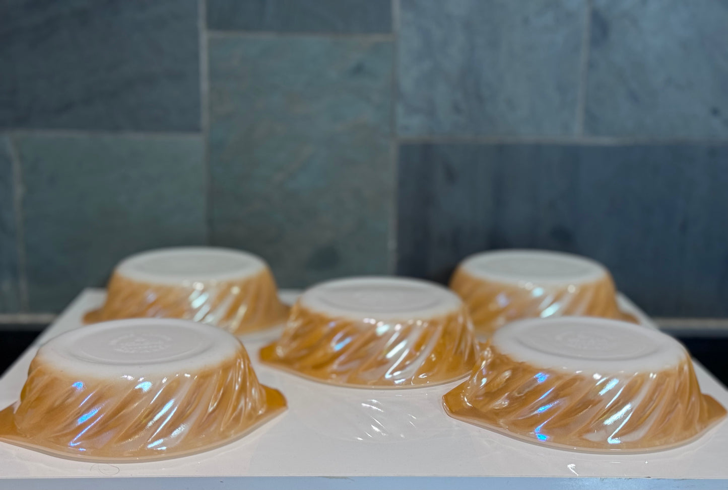 Anchor Hocking Fire-King Small Round Peach Luster Swirl Casserole Ramekin Bowls