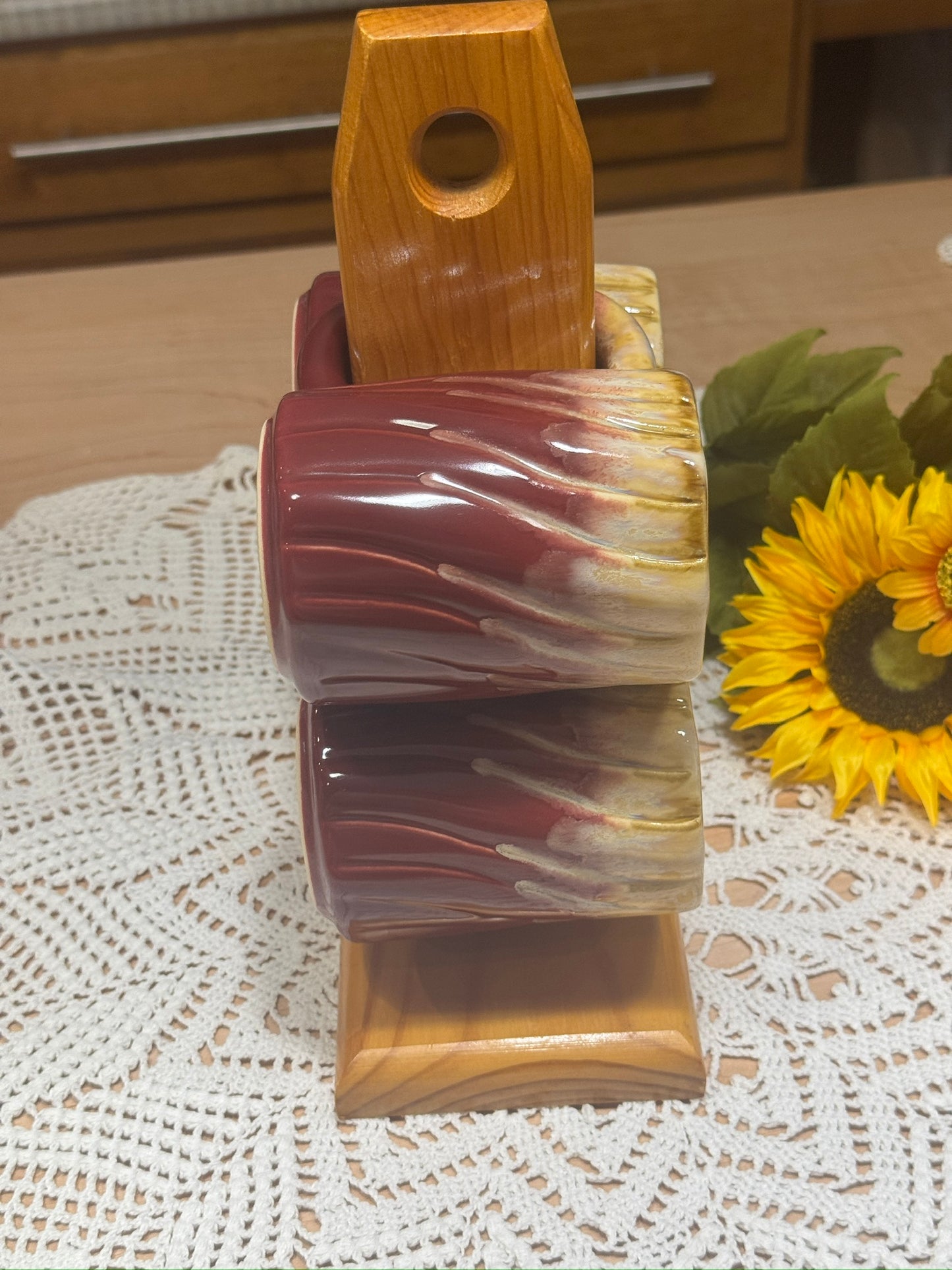 Rodolfo Padilla Stoneware Mugs With Wood Rack