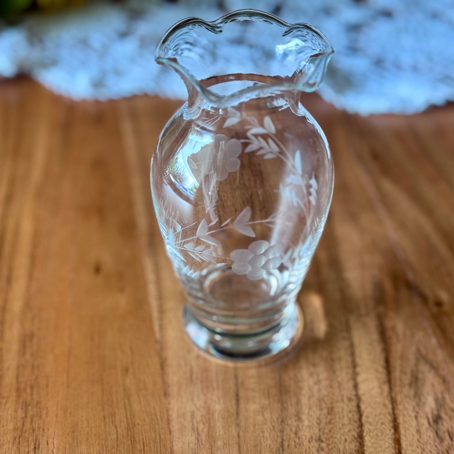 Hand Cut Etched Glass Bud Vase
