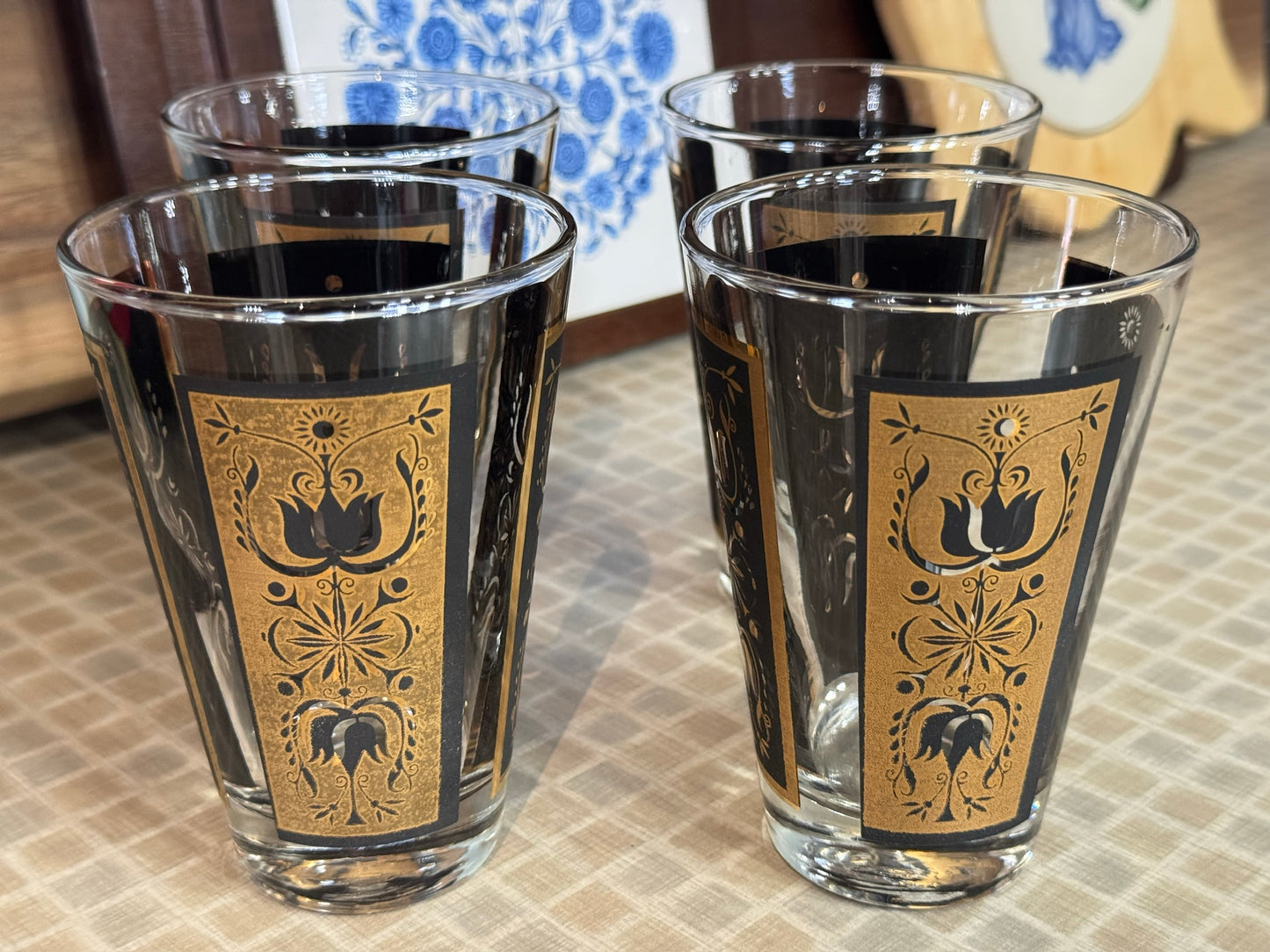 Dominion Glass Black & Gold Tulip Print Design Drinking Glasses (Set of 4)