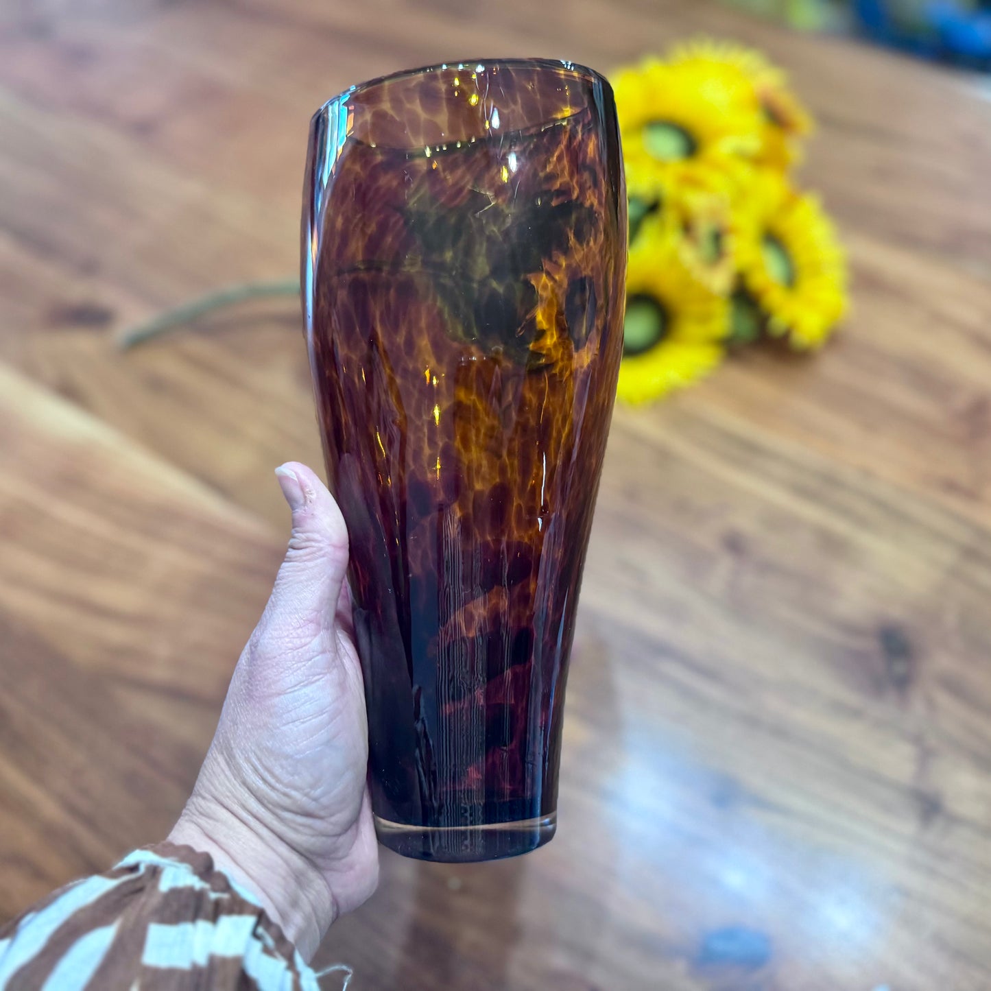 Leopard Print Brown/Amber Blown Art Glass Vase