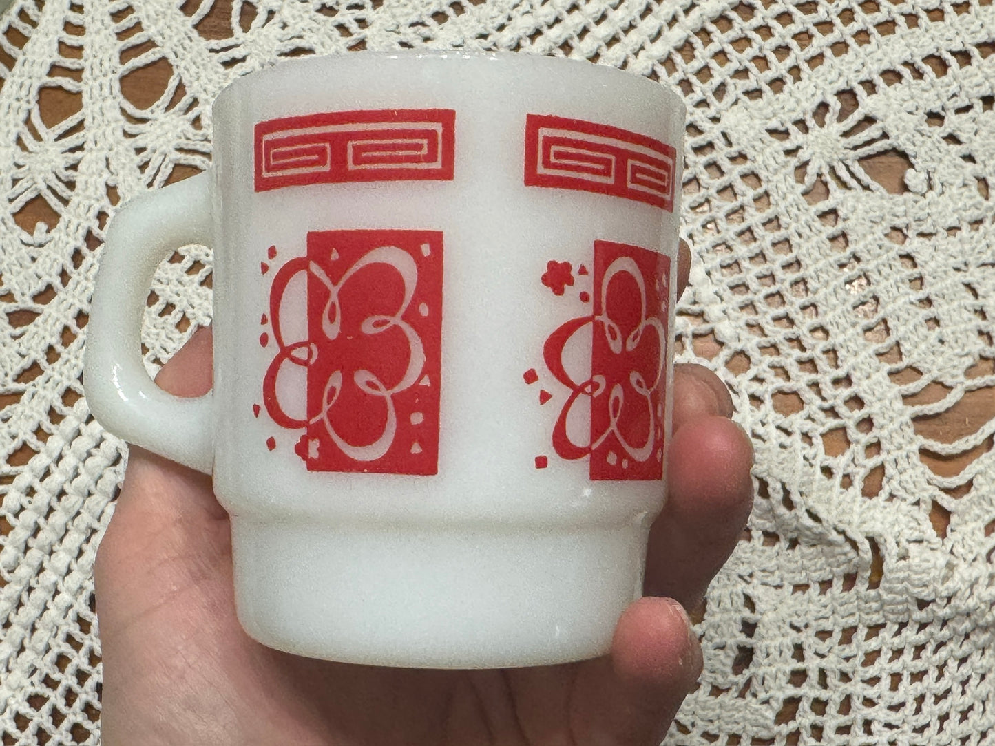 Anchor Hocking Fire-King Stackable Atomic Cloud/Flower Milk Glass Mugs