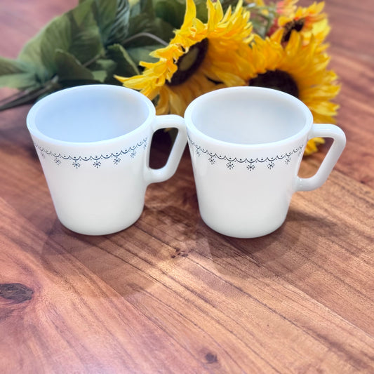 PYREX Blue Snowflake Garland Milk Glass Mugs