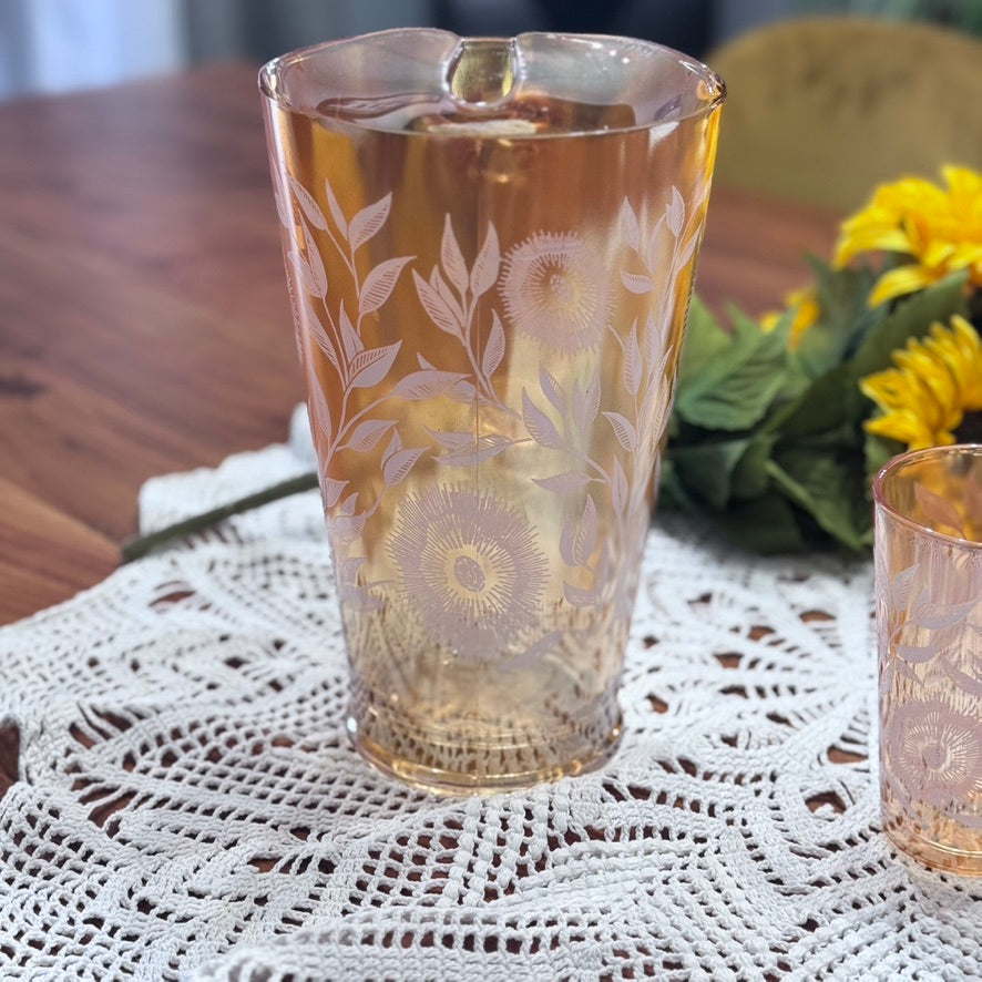 Jeannette Marigold Carnival Glass Pitcher & Glasses