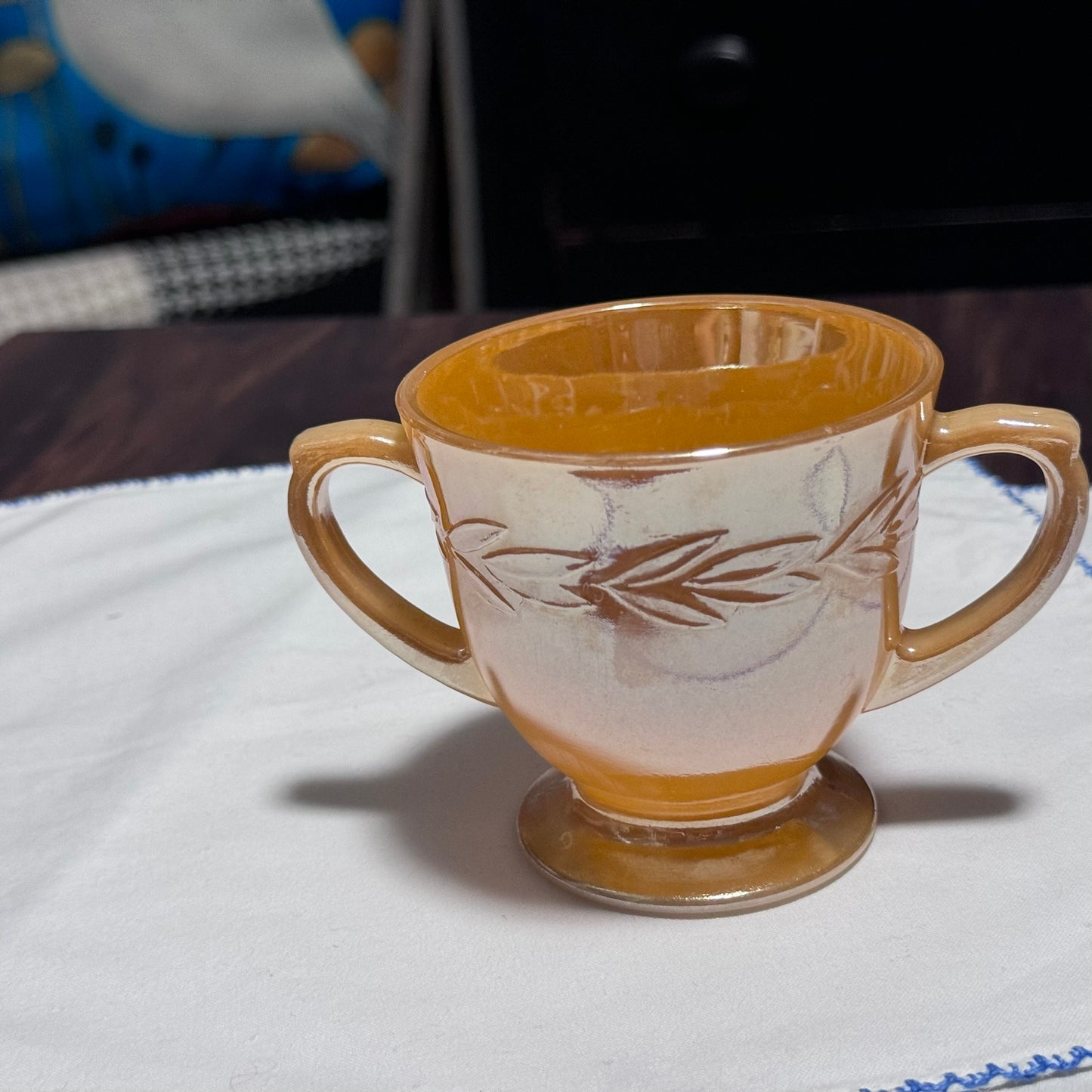 Fire King Laurel Peach Lustre Open Sugar Bowl