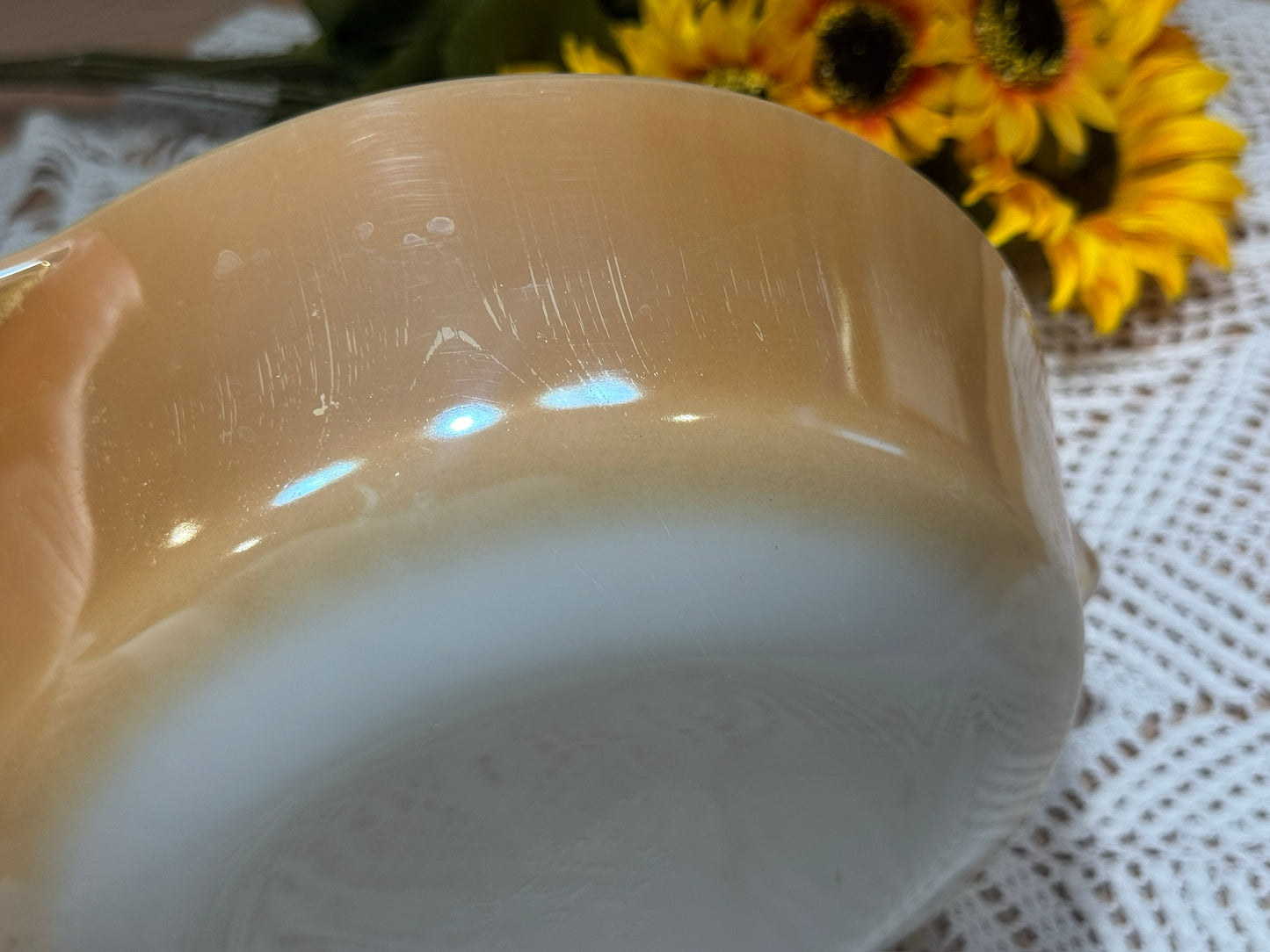 Anchor Hocking Fire-King Milk Glass Peach Lustre Round Casserole Dish