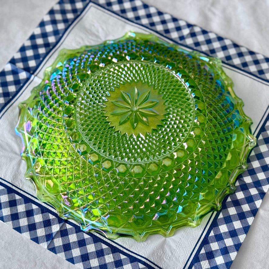 Green Indiana/Carnival Glass Ruffled Plate