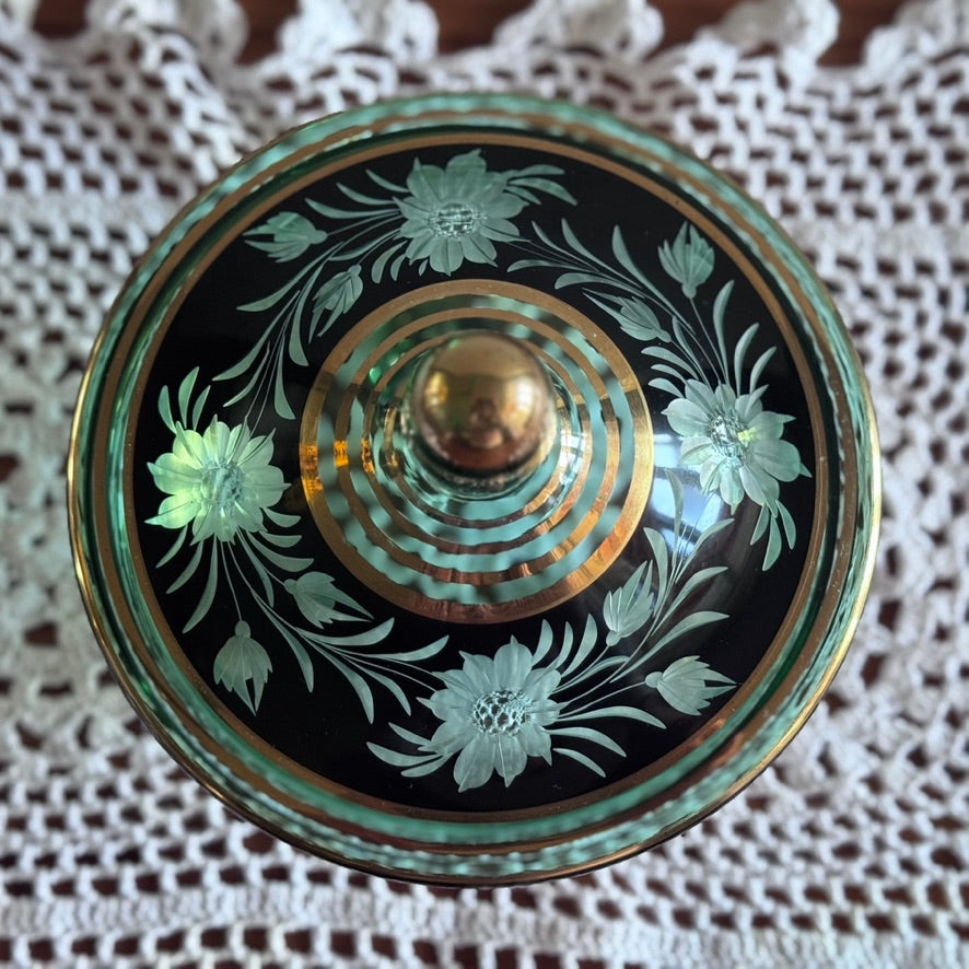 Czech Bohemian Lidded Glass Cut Footed Bowl