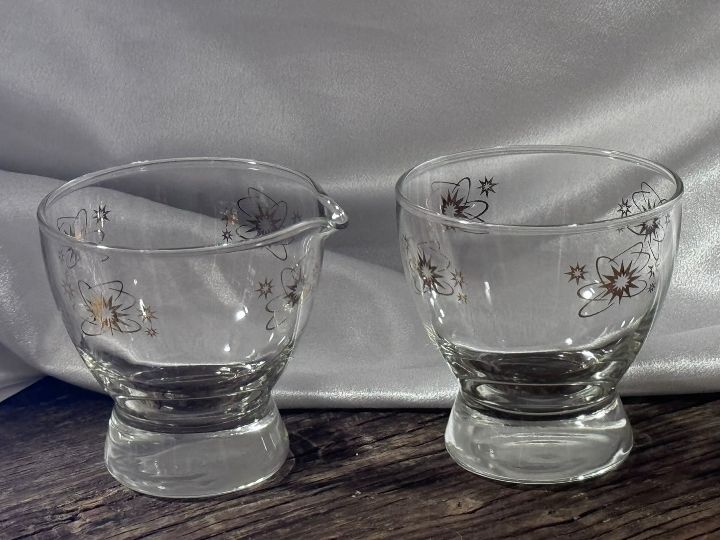 Clear Glass/Gold Atomic Starburst Creamer and Sugar