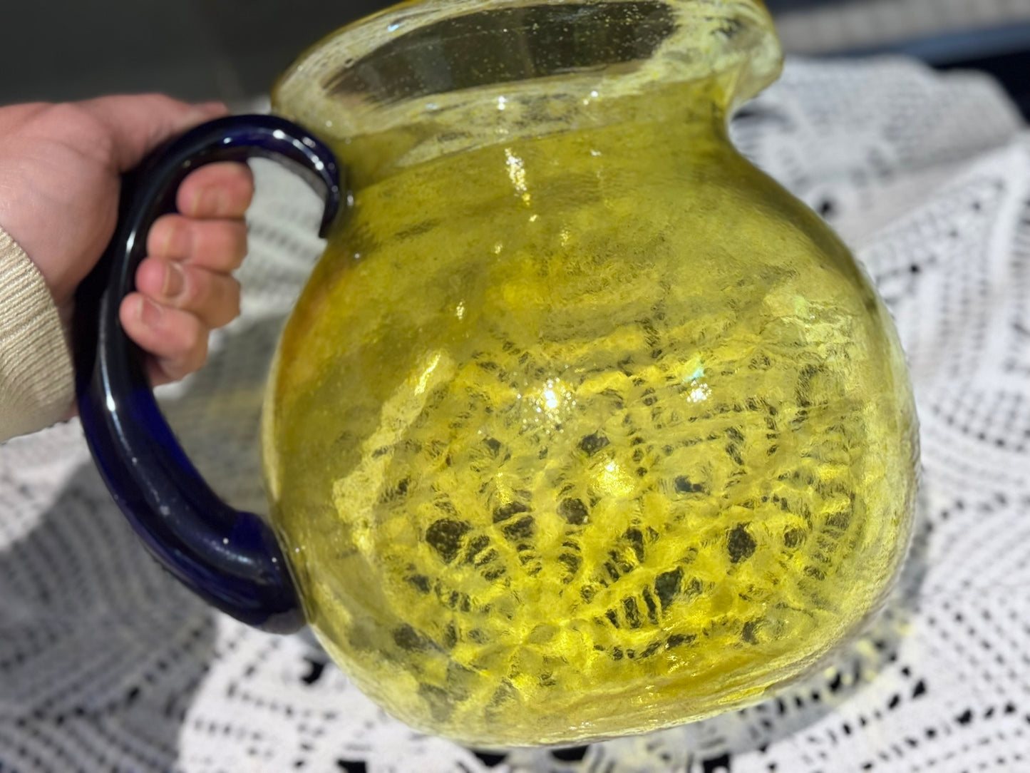 Large Art Glass Yellow & Blue Pitcher