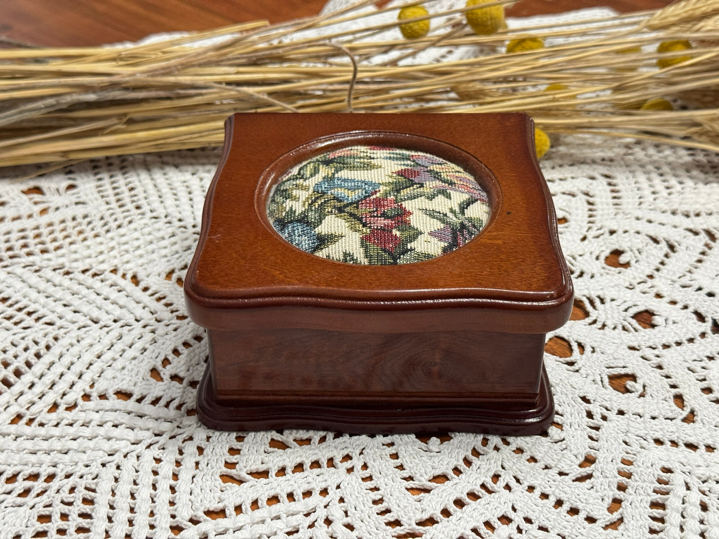 Vintage Tapestry Wooden Jewelry Box