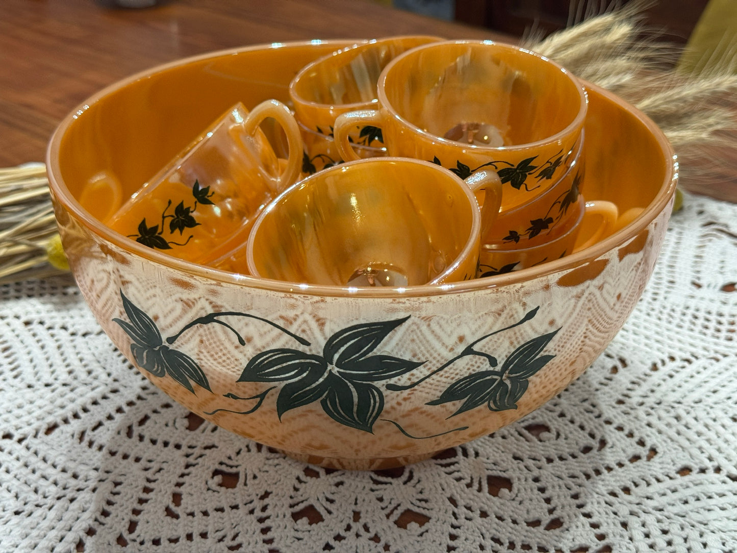 Anchor Hocking Fire-King Peach Luster 'Green Ivy' Punch Bowl Set