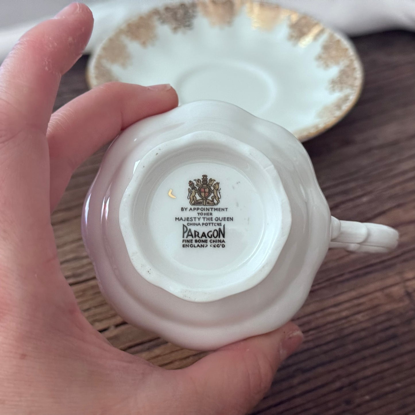 Paragon 'Joyeux Anniversaire' Golden Floral Pattern Teacup and Saucer