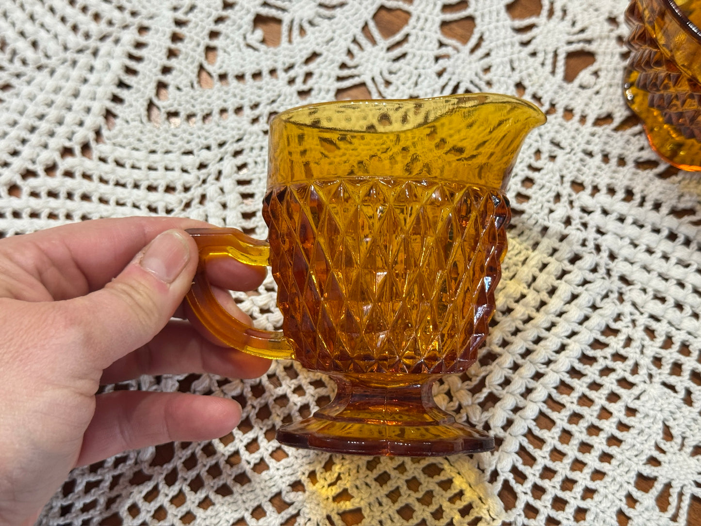 Diamond Point Amber Creamer & Sugar Bowl Set