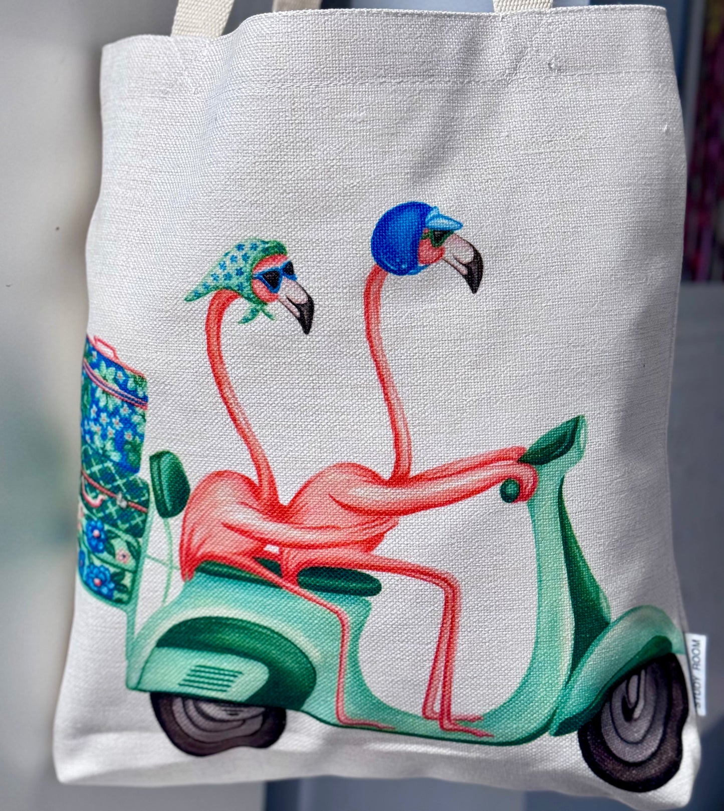 Flamingos on Scooter Tote Bag