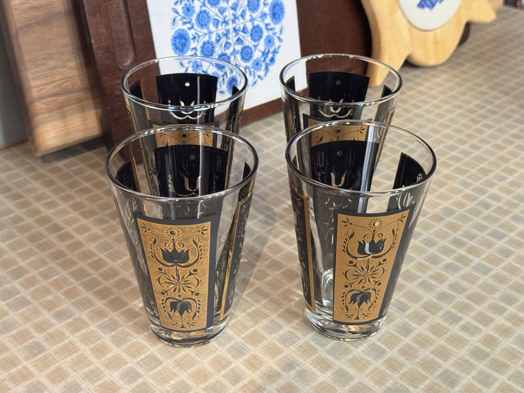 Dominion Glass Black & Gold Tulip Print Design Drinking Glasses (Set of 4)